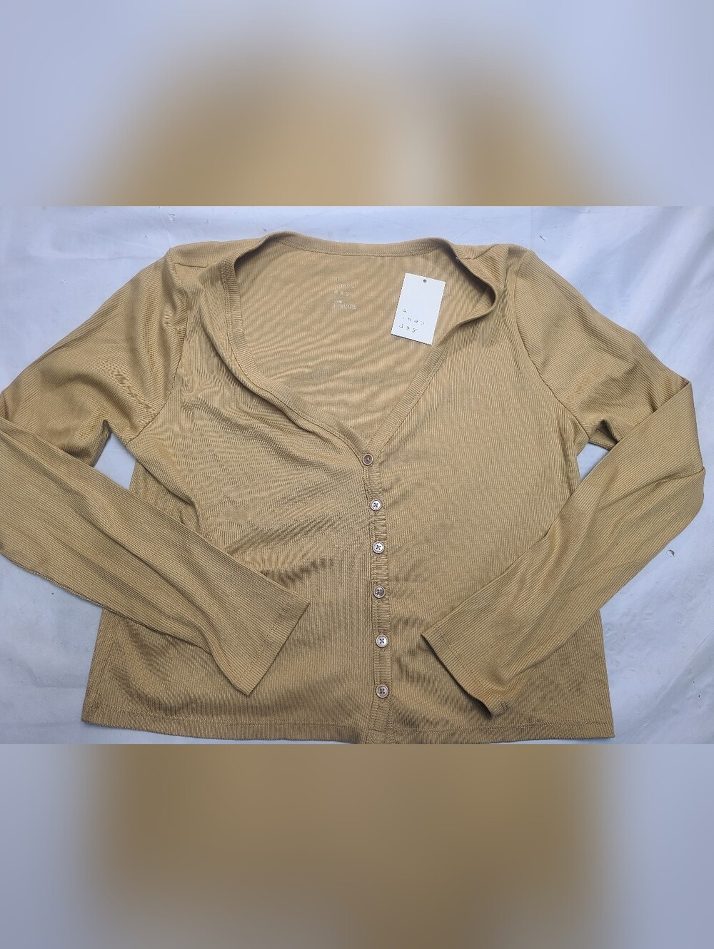 Women's Modern Ribbed Button-Up Knit Cardigan A New Day Tan Size Large